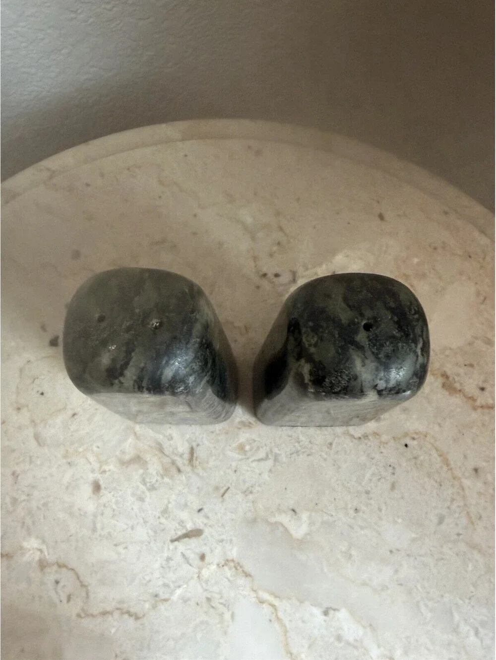 Vintage Deep green Marble Salt & Pepper Shakers with Stoppers Flat EUC